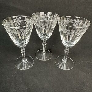 Fostoria 'Burgundy' 5 1/4" Stem Crystal Etched Wine Goblets, Vintage, Set of 3